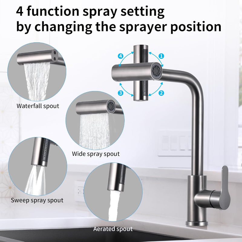 4 in 1 Waterfall 11" inches Kitchen Faucet in Gun Metal | Stainless Steel Body with ABS Plastic Sprayer | Hot and Cold Mixer | 360° Moveable