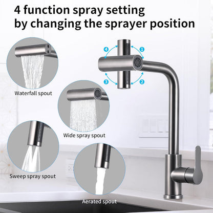 4 in 1 Waterfall 11" inches Kitchen Faucet in Gun Metal | Stainless Steel Body with ABS Plastic Sprayer | Hot and Cold Mixer | 360° Moveable
