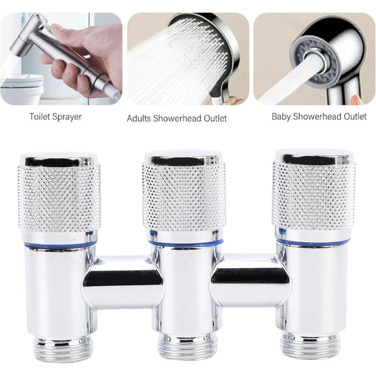 1 in 3 Out T-Cock Valve G1/2" inch Connection in Stainless Steel with Independent Outlet Control for Bathrooms or Wash Areas