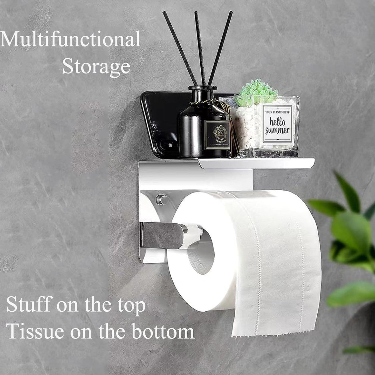 Toilet Paper Holder with Phone Shelf Stainless Steel Shiny Chrome and Matt Black