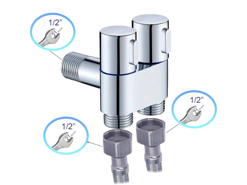 1 in 2 Out T-Cock Valve G1/2" inch Connection in Stainless Steel with Independent Outlet Control for Bathrooms or Wash Areas