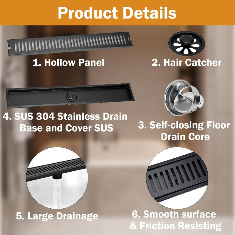 16" | 24" inches Premium Linear Floor Drain in SUS 304 Stainless Steel for Bathroom, Showers, Wash Area | Silver, Matt Black, Gun Grey, Golden