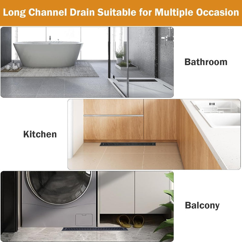 16" | 24" inches Premium Linear Floor Drain in SUS 304 Stainless Steel for Bathroom, Showers, Wash Area | Silver, Matt Black, Gun Grey, Golden