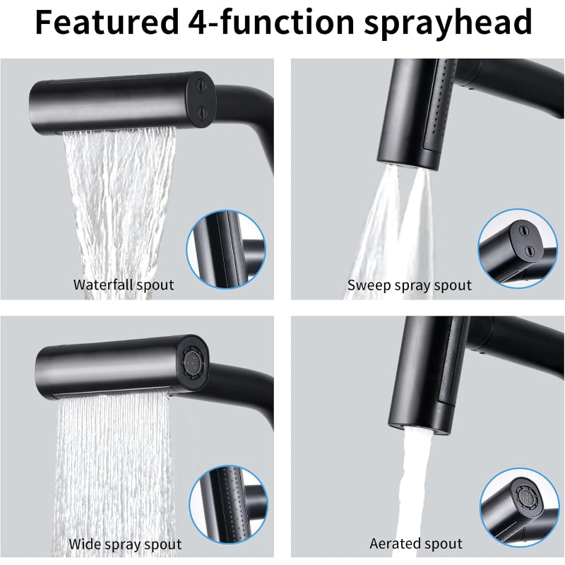 4 in 1 Waterfall 11" inches Kitchen Faucet in Black | Stainless Steel Body with ABS Plastic Sprayer | Hot and Cold Mixer| 360° Moveable