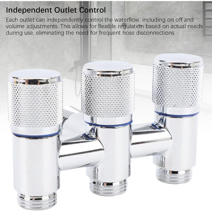 1 in 3 Out T-Cock Valve G1/2" inch Connection in Stainless Steel with Independent Outlet Control for Bathrooms or Wash Areas