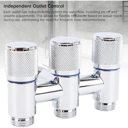 1 in 3 Out T-Cock Valve G1/2" inch Connection in Stainless Steel with Independent Outlet Control for Bathrooms or Wash Areas