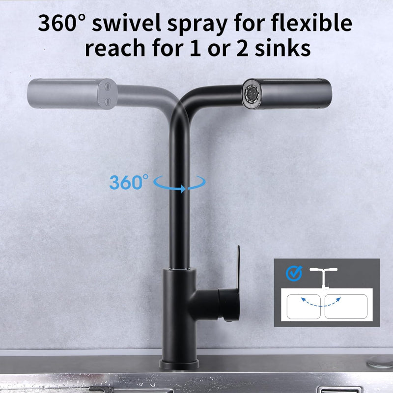 4 in 1 Waterfall 11" inches Kitchen Faucet in Black | Stainless Steel Body with ABS Plastic Sprayer | Hot and Cold Mixer| 360° Moveable