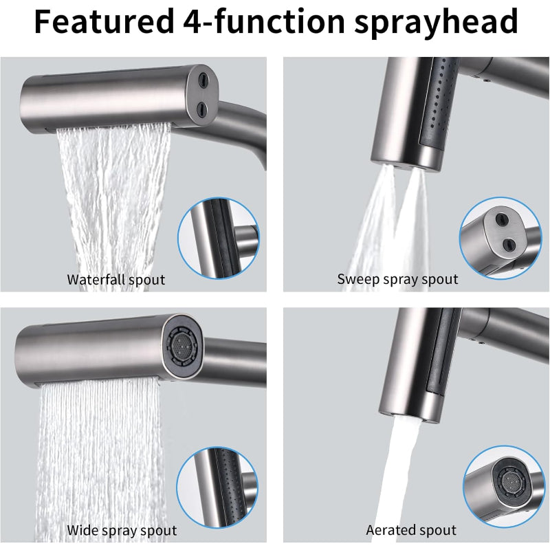4 in 1 Waterfall 11" inches Kitchen Faucet in Gun Metal | Stainless Steel Body with ABS Plastic Sprayer | Hot and Cold Mixer | 360° Moveable