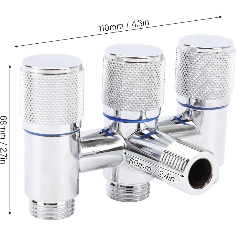 1 in 3 Out T-Cock Valve G1/2" inch Connection in Stainless Steel with Independent Outlet Control for Bathrooms or Wash Areas