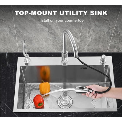 22x18 inches Handmade Kitchen Sink in Stainless Steel 5545 | Single Bowl | Drain + Rinse Basket