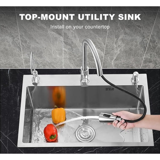 20x16 inches Handmade Kitchen Sink in Stainless Steel 5040 | Single Bowl | Drain + Rinse Basket
