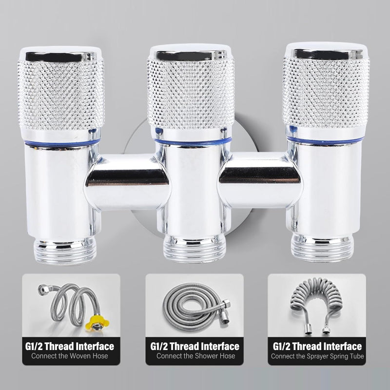 1 in 3 Out T-Cock Valve G1/2" inch Connection in Stainless Steel with Independent Outlet Control for Bathrooms or Wash Areas