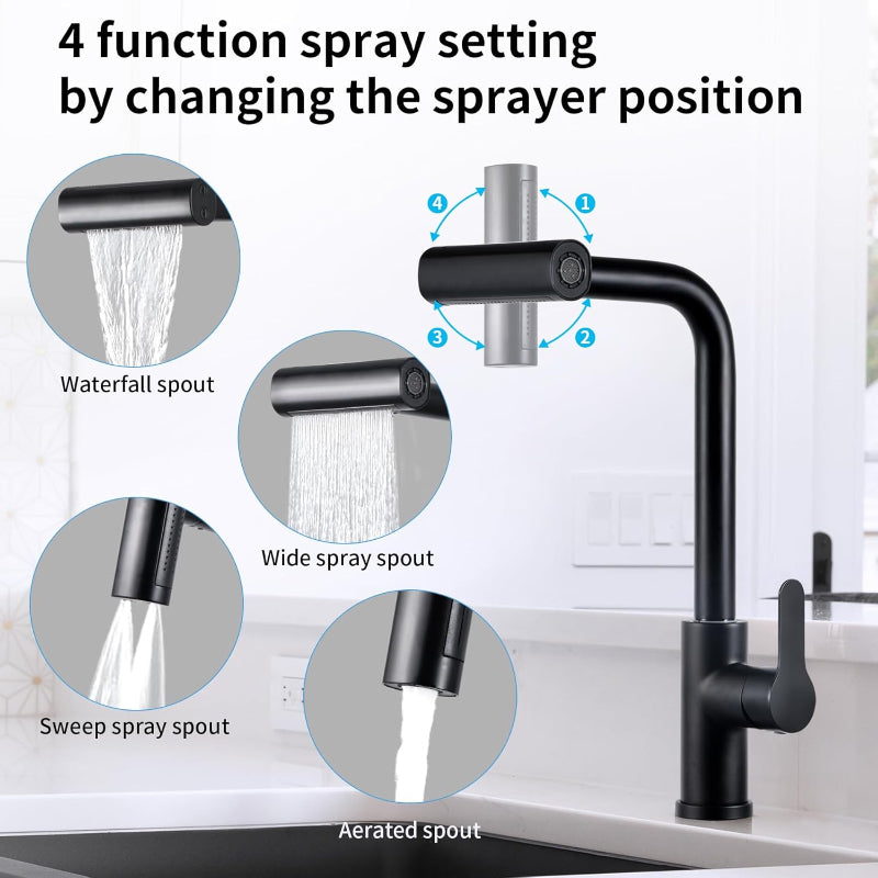 4 in 1 Waterfall 11" inches Kitchen Faucet in Black | Stainless Steel Body with ABS Plastic Sprayer | Hot and Cold Mixer| 360° Moveable
