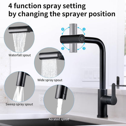 4 in 1 Waterfall 11" inches Kitchen Faucet in Black | Stainless Steel Body with ABS Plastic Sprayer | Hot and Cold Mixer| 360° Moveable