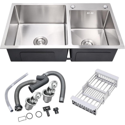 30x16 inches Handmade Kitchen Sink in Stainless Steel 7541 | Double Bowl | Drains + Rinse Basket