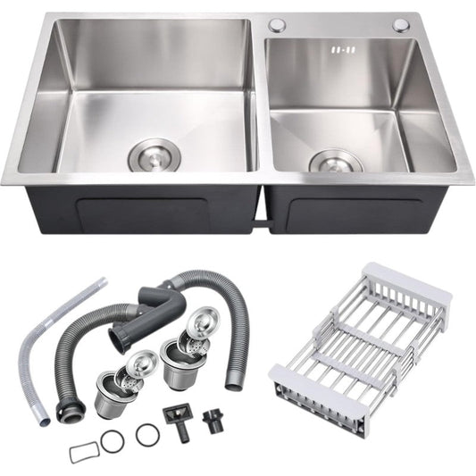 30x16 inches Handmade Kitchen Sink in Stainless Steel 7541 | Double Bowl | Drains + Rinse Basket