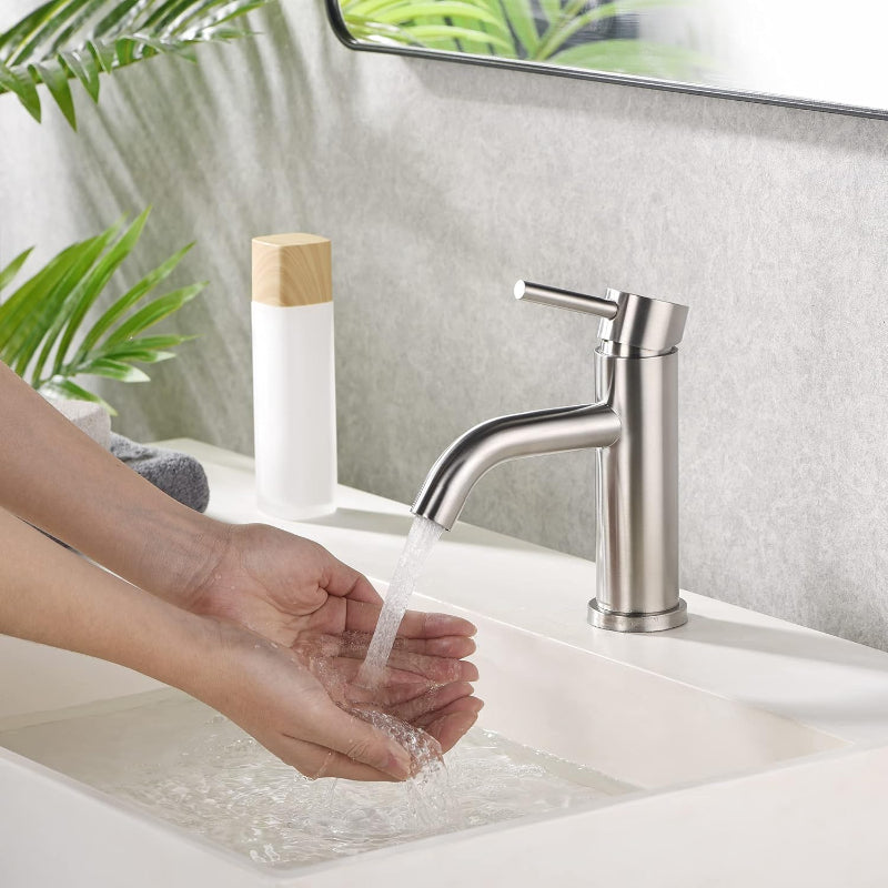Long Neck Bathroom Basin 7" inch Faucet in Brushed Nickel | Stainless Steel | Hot and Cold Mixer | Single Handle