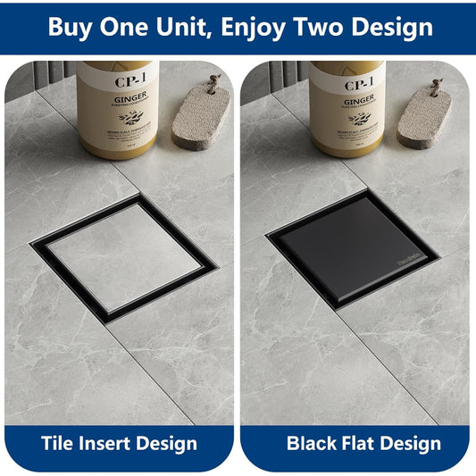 Heavy Duty 6x6" Inch Tile Cut Floor Drain in 304 SUS Stainless Steel with Smell and Insect Trap | Available in Brushed Silver, Shiny Chrome, Matt Black, Gun Grey, Golden