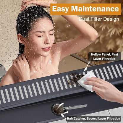 16" | 24" inches Premium Linear Floor Drain in SUS 304 Stainless Steel for Bathroom, Showers, Wash Area | Silver, Matt Black, Gun Grey, Golden