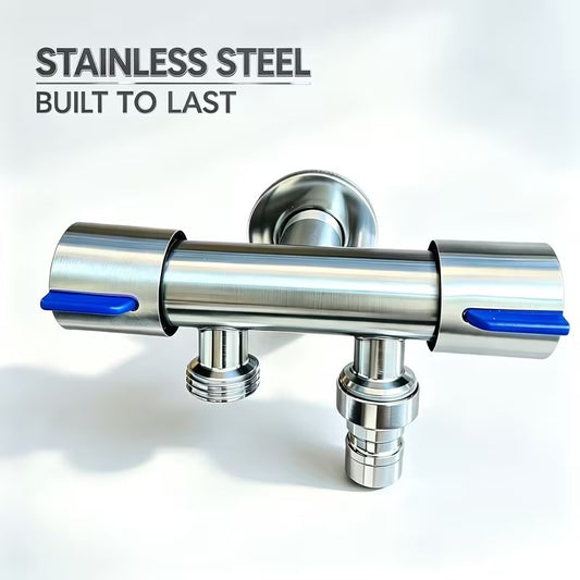 1 in 2 Out T-Cock Valve G1/2" inch Connection in Stainless Steel with Independent Outlet Control on Sides for Bathrooms or Wash Areas