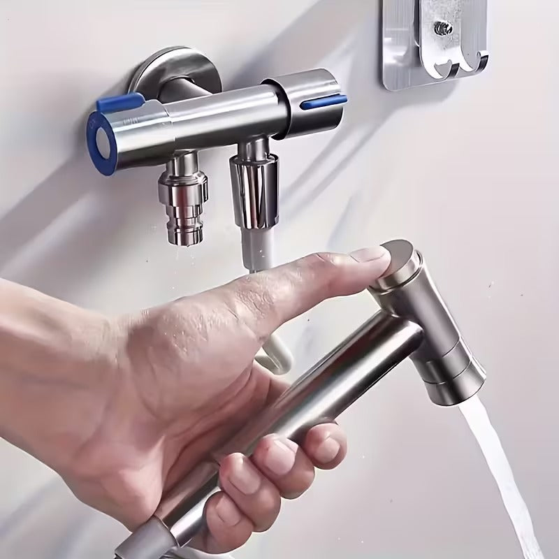 1 in 2 Out T-Cock Valve G1/2" inch Connection in Stainless Steel with Independent Outlet Control on Sides for Bathrooms or Wash Areas