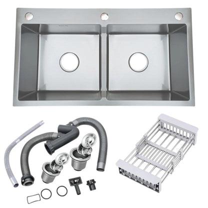 32x18 inches Handmade Kitchen Sink in Stainless Steel 8245 | Double Bowl | Drains + Rinse Basket