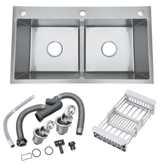 31x17 inches Handmade Kitchen Sink in Stainless Steel 7843 | Double Bowl | Drains + Rinse Basket
