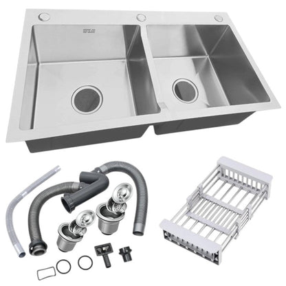 31x17 inches Handmade Kitchen Sink in Stainless Steel 7843 | Double Bowl | Drains + Rinse Basket