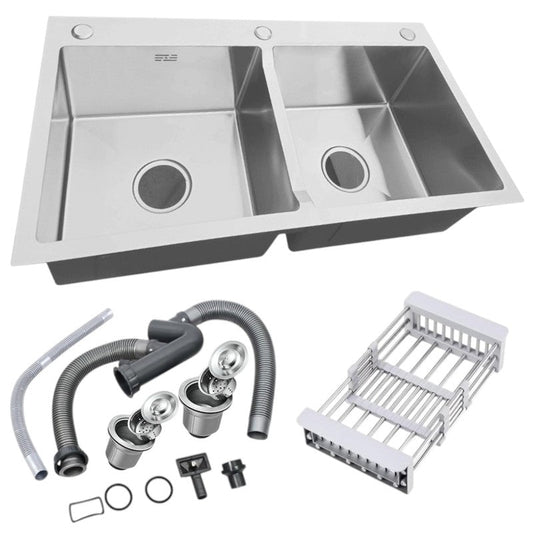 32x18 inches Handmade Kitchen Sink in Stainless Steel 8245 | Double Bowl | Drains + Rinse Basket