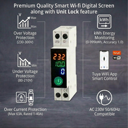 Switchora Smart WiFi Meter Rail 1P 63A – Unit Lock, Digital Screen, Energy Monitor, Tuya App
