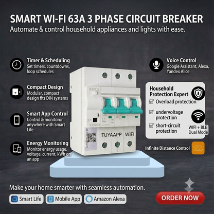 Switchora Smart WiFi Circuit Breaker 3 Phase 63A – MCB DIN Rail, Remote Control, Tuya Smart Life