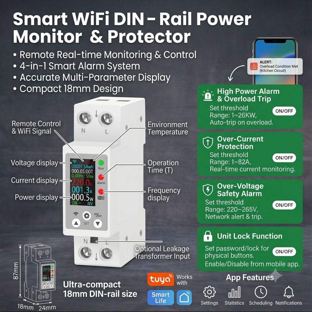 Switchora Smart WiFi Meter Rail 1P 63A – Unit Lock, Digital Display, Remote Control via Tuya