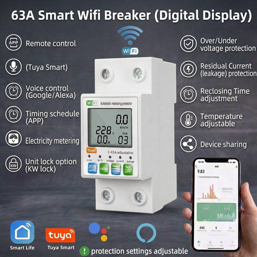 Switchora Smart WiFi Breaker 2P 63A – Unit Lock, PC Digital Display, Leakage Protection, Tuya App