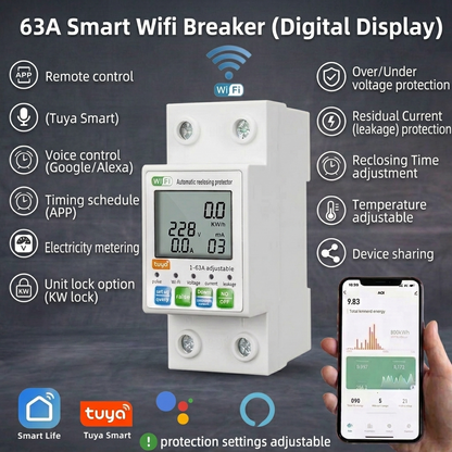 Switchora Smart WiFi Breaker 2P 63A – Unit Lock, PC Digital Display, Leakage Protection, Tuya App
