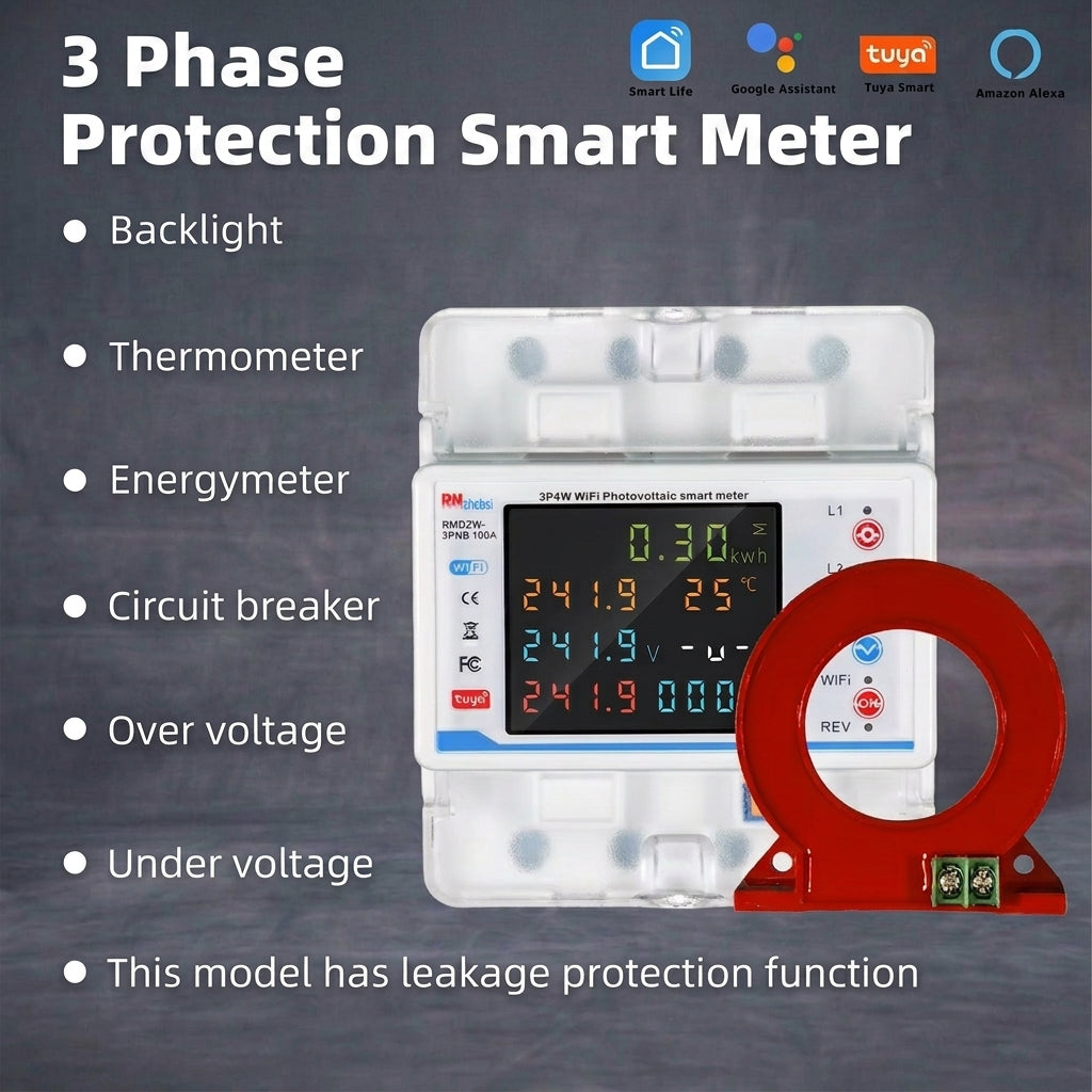 Switchora Smart WiFi Circuit Meter 4P 3 Phase 100A – Bidirectional Metering, Solar Ready, Tuya App