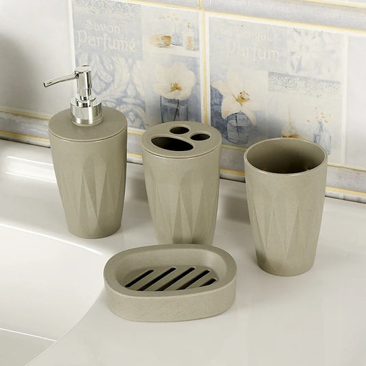 4pcs PVC Bathroom Accessories Light Grey | Dispenser + Brush Holder + Soap Dish + Rinse Cup