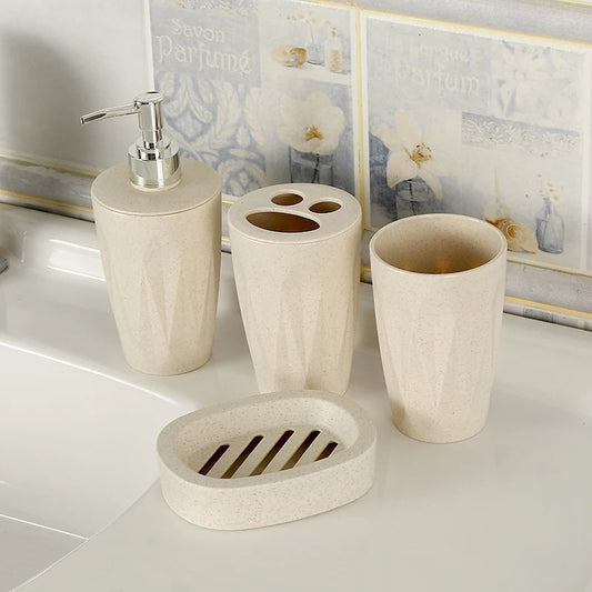4pcs Bathroom Accessories Light Beige | Dispenser + Brush Holder + Soap Dish + Rinse Cup