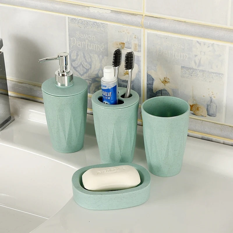 4pcs Bathroom Accessories Light Green | Dispenser + Brush Holder + Soap Dish + Rinse Cup