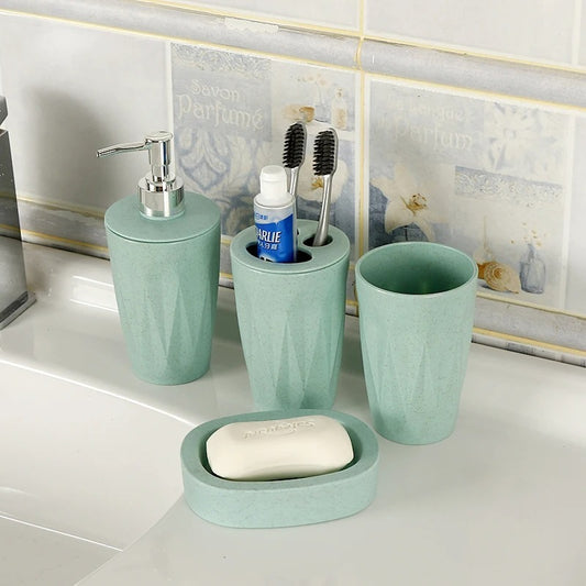 4pcs PVC Bathroom Accessories Light Green | Dispenser + Brush Holder + Soap Dish + Rinse Cup