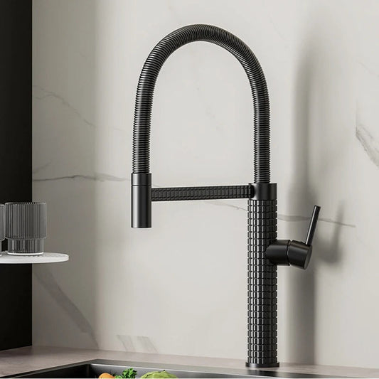 Premium 18" inches Spring shape Stainless Steel Kitchen Faucet in Jet black | Hot and Cold Mixer | 360° Moveable| Single Handle