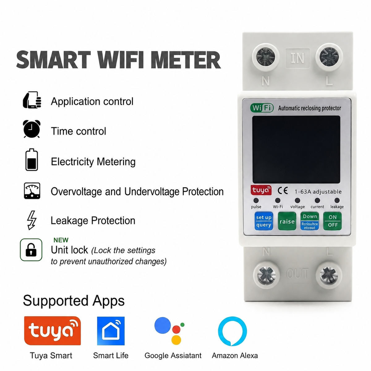 Switchora Smart WiFi Breaker 2P 63A – Unit Lock, PC Digital Display, Leakage Protection, Tuya App