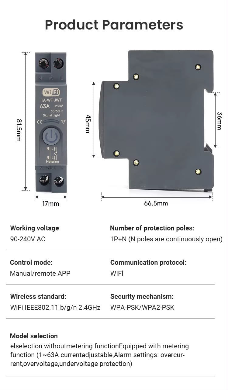 Switchora Smart WiFi Circuit Breaker 1P 63A – DIN Rail, Power Metering, Remote Control, Tuya App