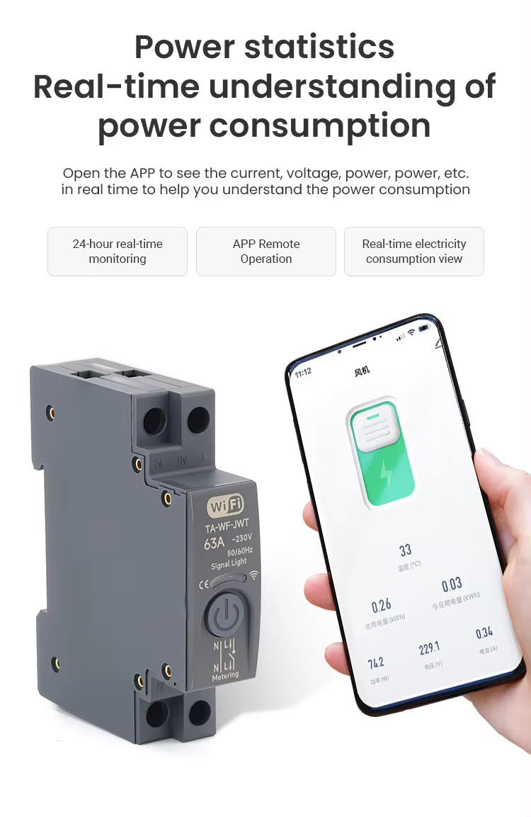 Switchora Smart WiFi Circuit Breaker 1P 63A – DIN Rail, Power Metering, Remote Control, Tuya App