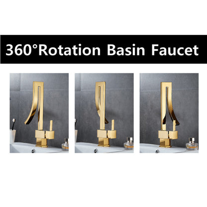 Waterfall 360° Moveable Faucet in All Gold for Bathroom and Wash Basin | Stainless Steel | Hot and Cold Mixer