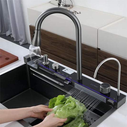 30x18 inch Multifunction Kitchen Sink in Stainless Steel with LED Panel | Scratch Proof Honeycomb Design