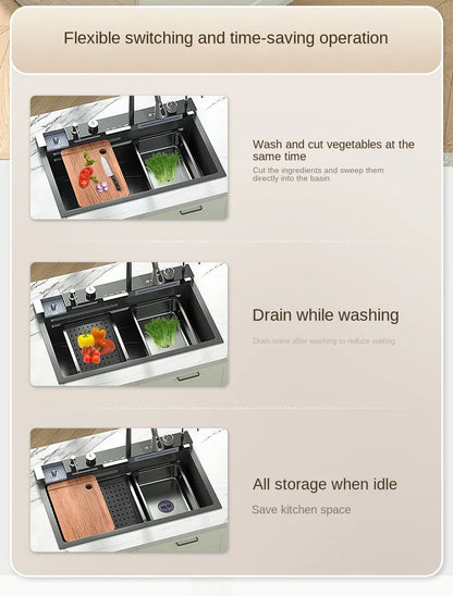 30x18 inch Multifunction Kitchen Sink in Stainless Steel with LED Panel | Scratch Proof Honeycomb Design