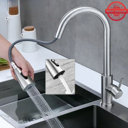 Premium 15" inches Pull Out  Kitchen Mixer in Stainless Steel Shiny Chrome | Shower and Bubble Modes | Hot and Cold | 360° Moveable