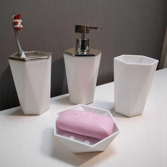 4pcs PVC Bathroom Accessories White | Dispenser + Brush Holder + Soap Dish + Rinse Cup