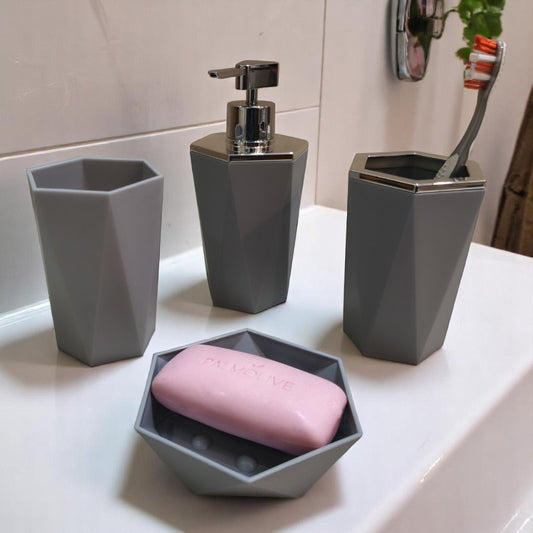 4pcs PVC Bathroom Accessories Grey | Dispenser + Brush Holder + Soap Dish + Rinse Cup