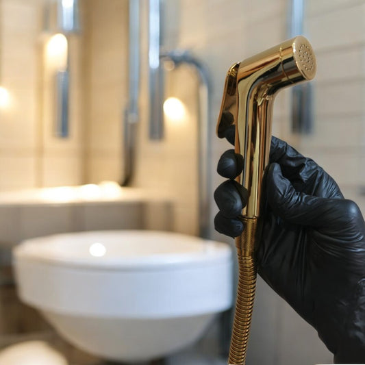 Heavy Duty Brass Muslim Shower Set in Shiny Gold | 5"inches Head + 1.2 Meter Pipe | High Water Pressure | Easy Installation